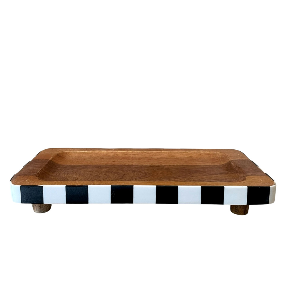 Black & White Checkered Enameled Mango Wood Serving Tray 12x6 Made In India NEW